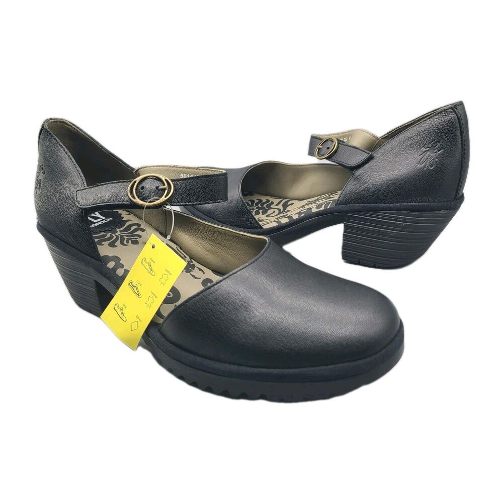 Fly London Wifo Womens Mary Jane Pump Shoes Black Leather Heel Sz 11-11.5/42 NEW